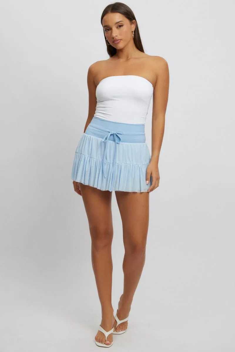 Tailored Cut Blue Flare Skort Skirt High Rise Mini Mesh Tiered