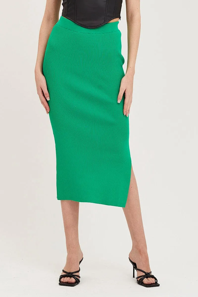 Green Knit Skirt Midi Side Split Abstract Motif