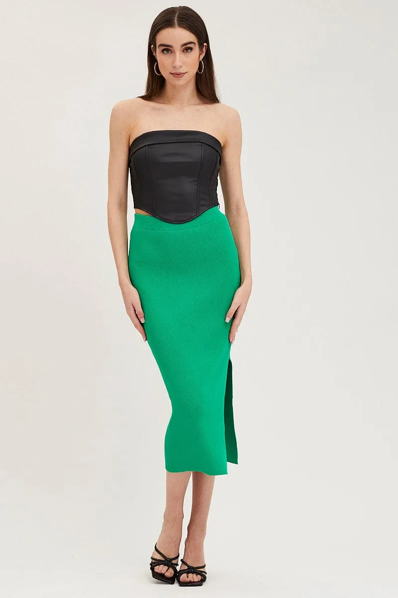 Hidden Zipper Hand Painted Green Knit Skirt Midi Side Split