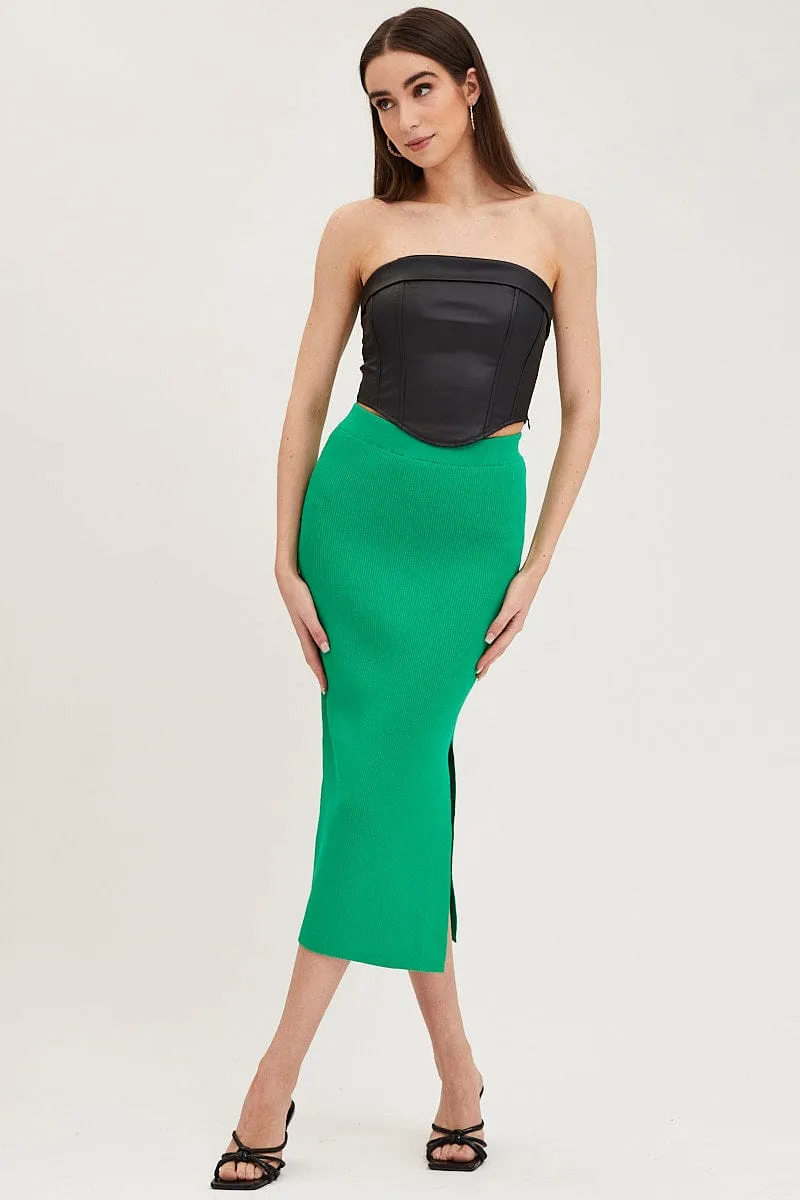 Green Knit Skirt Midi Side Split Travel Friendly