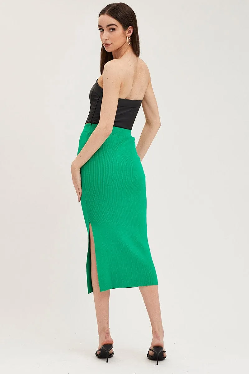 Green Knit Skirt Midi Side Split Low Rise Sleek Vibe
