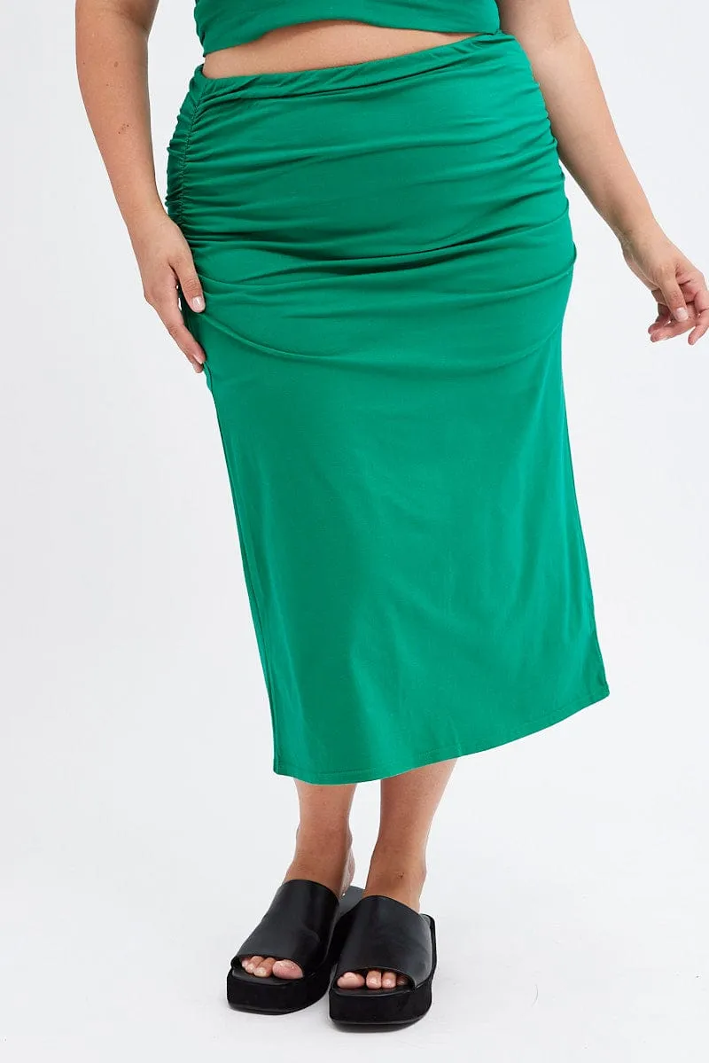 Luxury Finish Bold Print Green Midi Skirt Elastic Waist Gather Double Layer