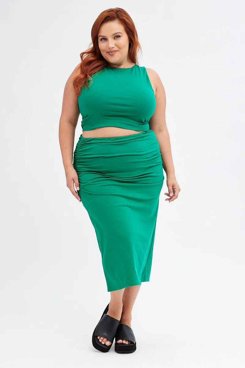 Water Repellent Fair trade Green Midi Skirt Elastic Waist Gather Double Layer