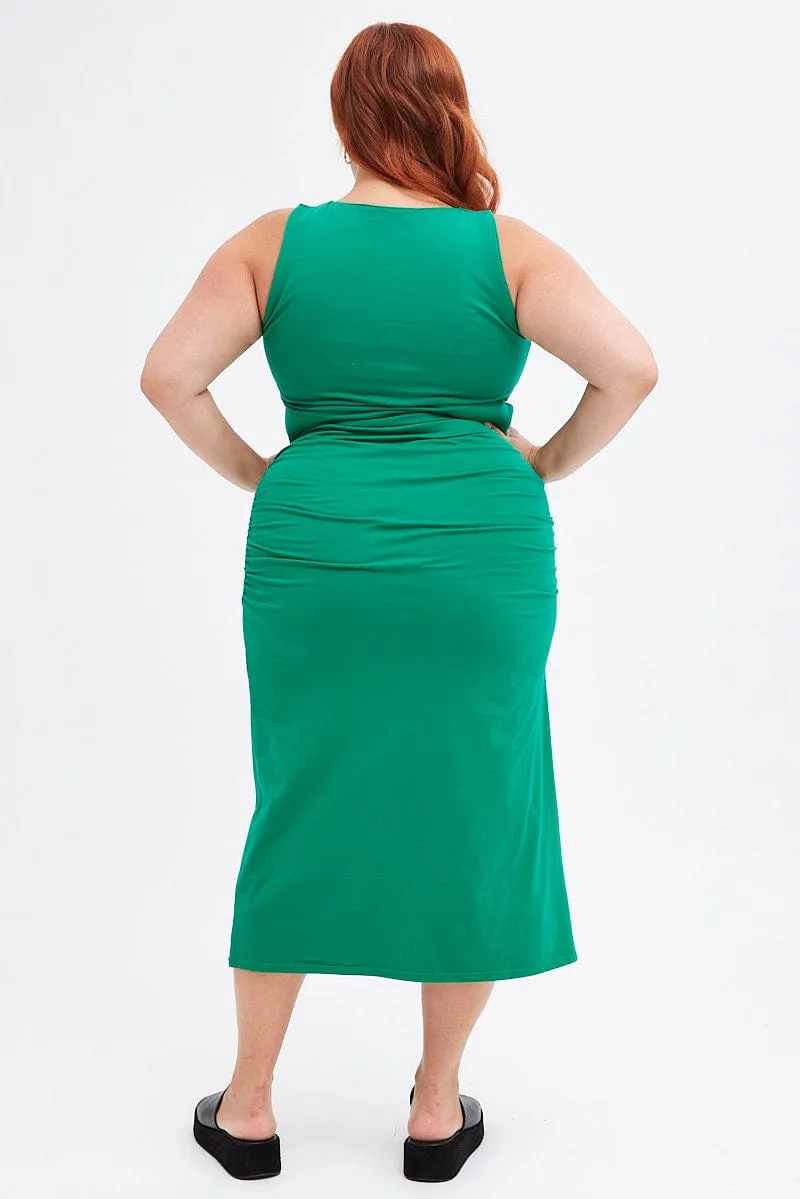 Green Midi Skirt Elastic Waist Gather Double Layer Monochrome Outfit