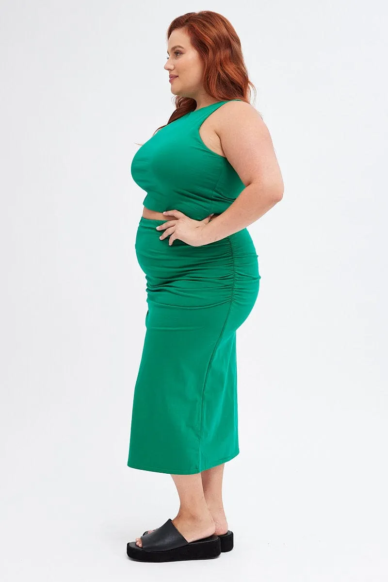 Retro Style Green Midi Skirt Elastic Waist Gather Double Layer