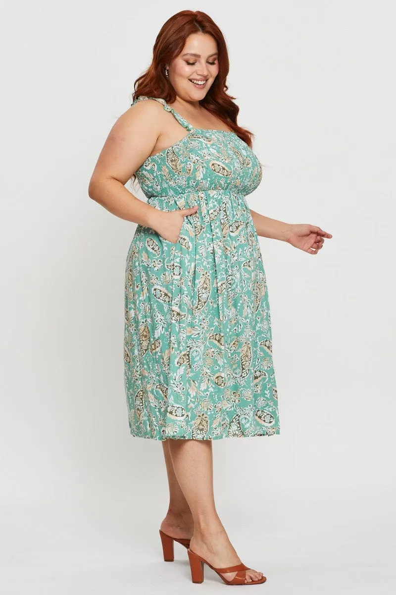 Floral Print Midi Dress Square Neck Sleeveless Island Mood Any Day Wear