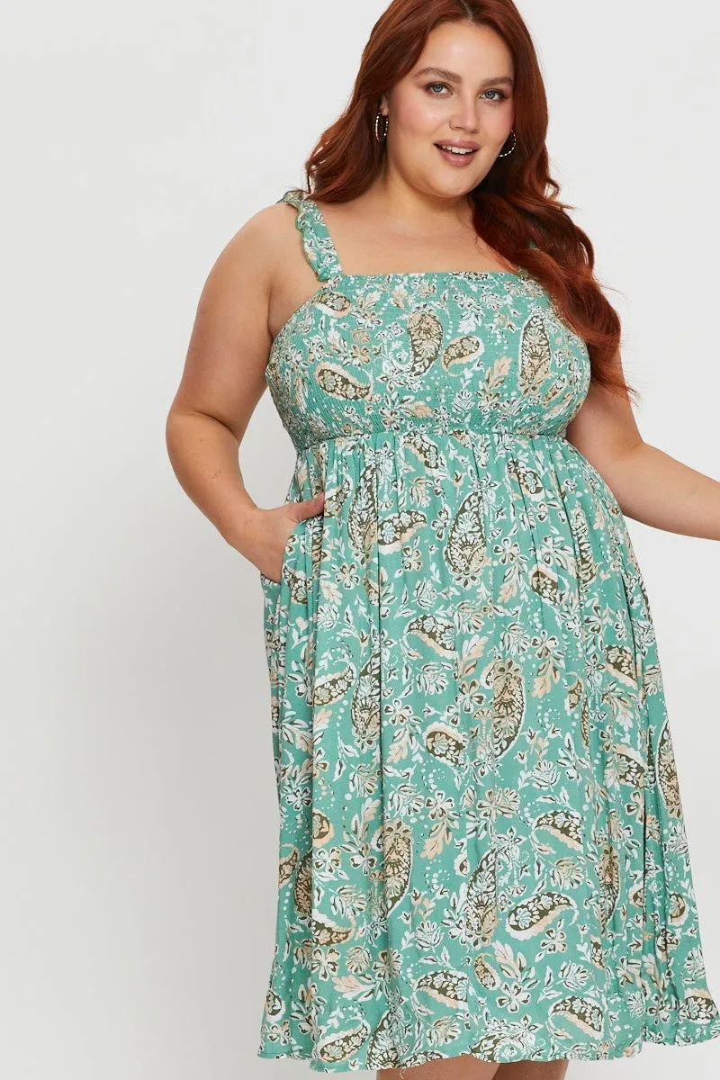 Season Flow Korean Vibe Floral Print Midi Dress Square Neck Sleeveless