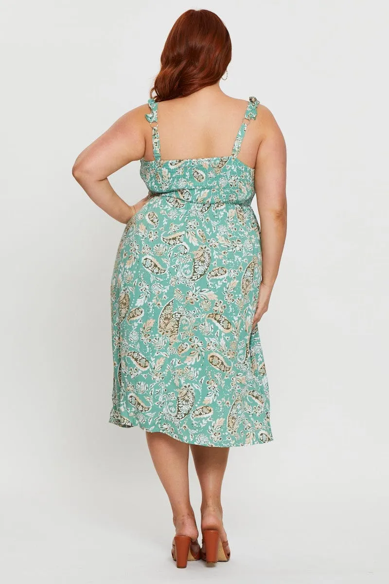Scandi Clean Pasture View Floral Print Midi Dress Square Neck Sleeveless