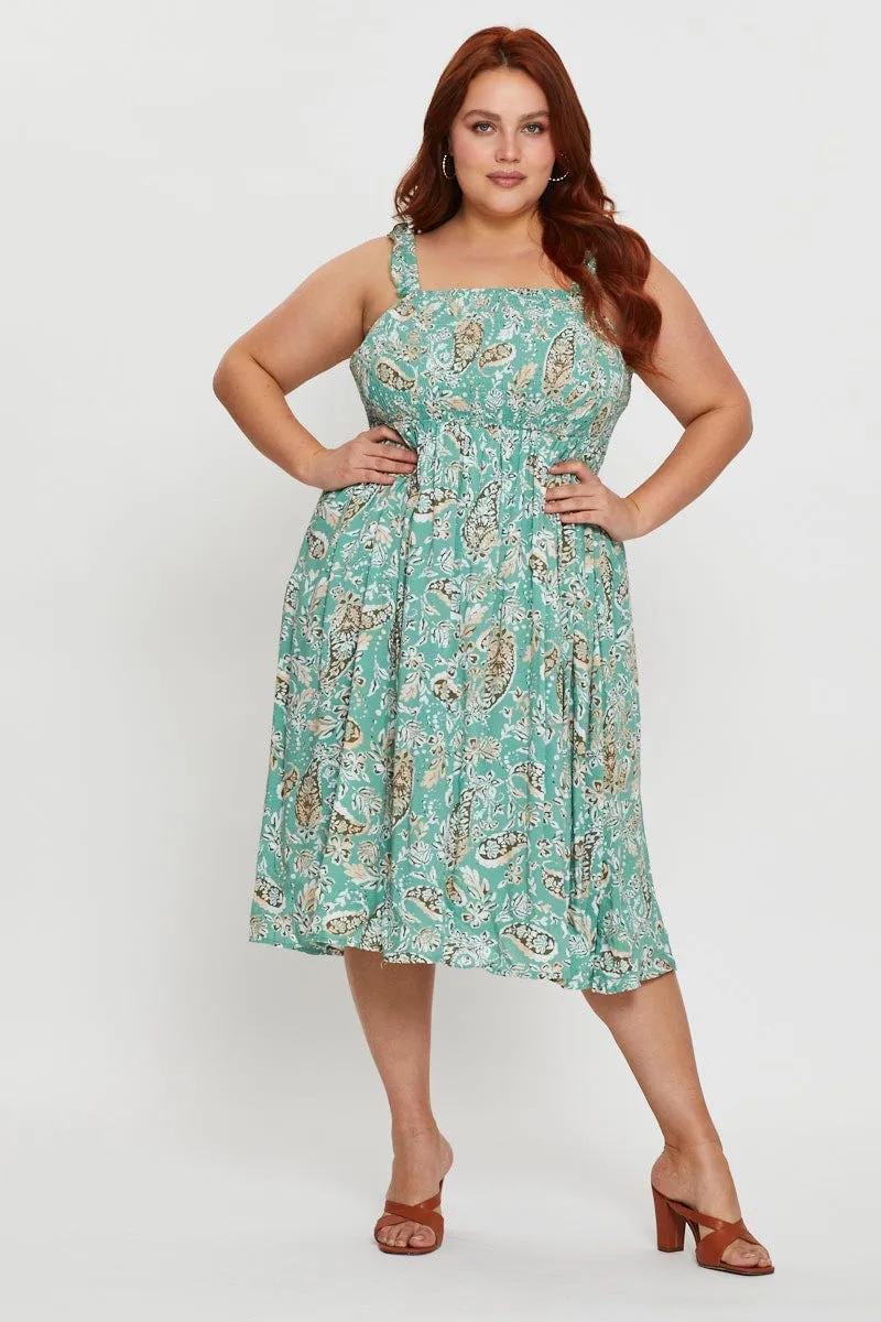 Flattering Shape Drizzle Sky Floral Print Midi Dress Square Neck Sleeveless