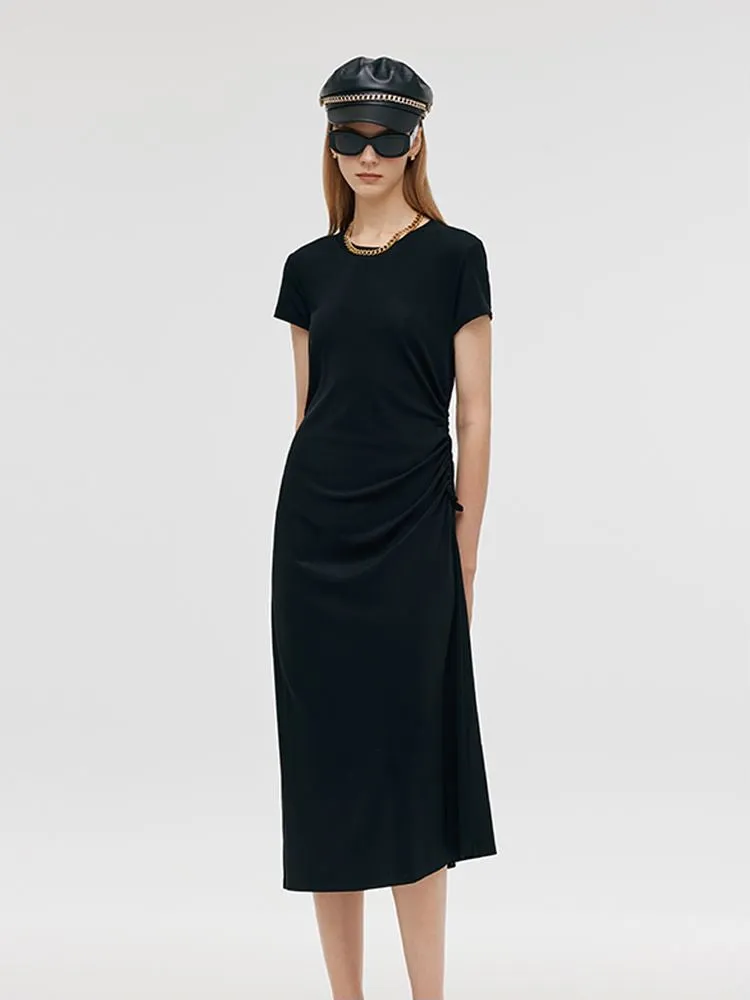 Round Neck Drawstring Waist Women Midi Dress Gentle Power City Sleek