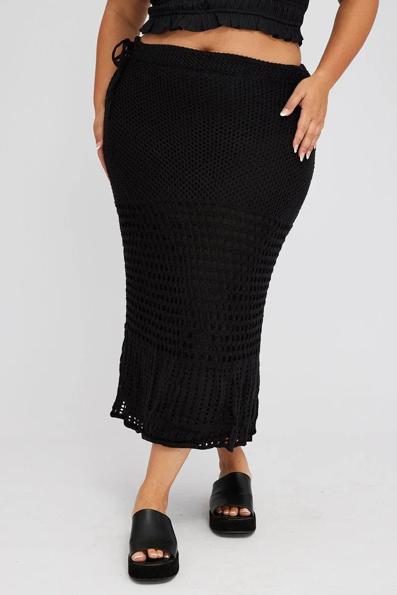 Adjustable Waist Black Crochet Long Skirt