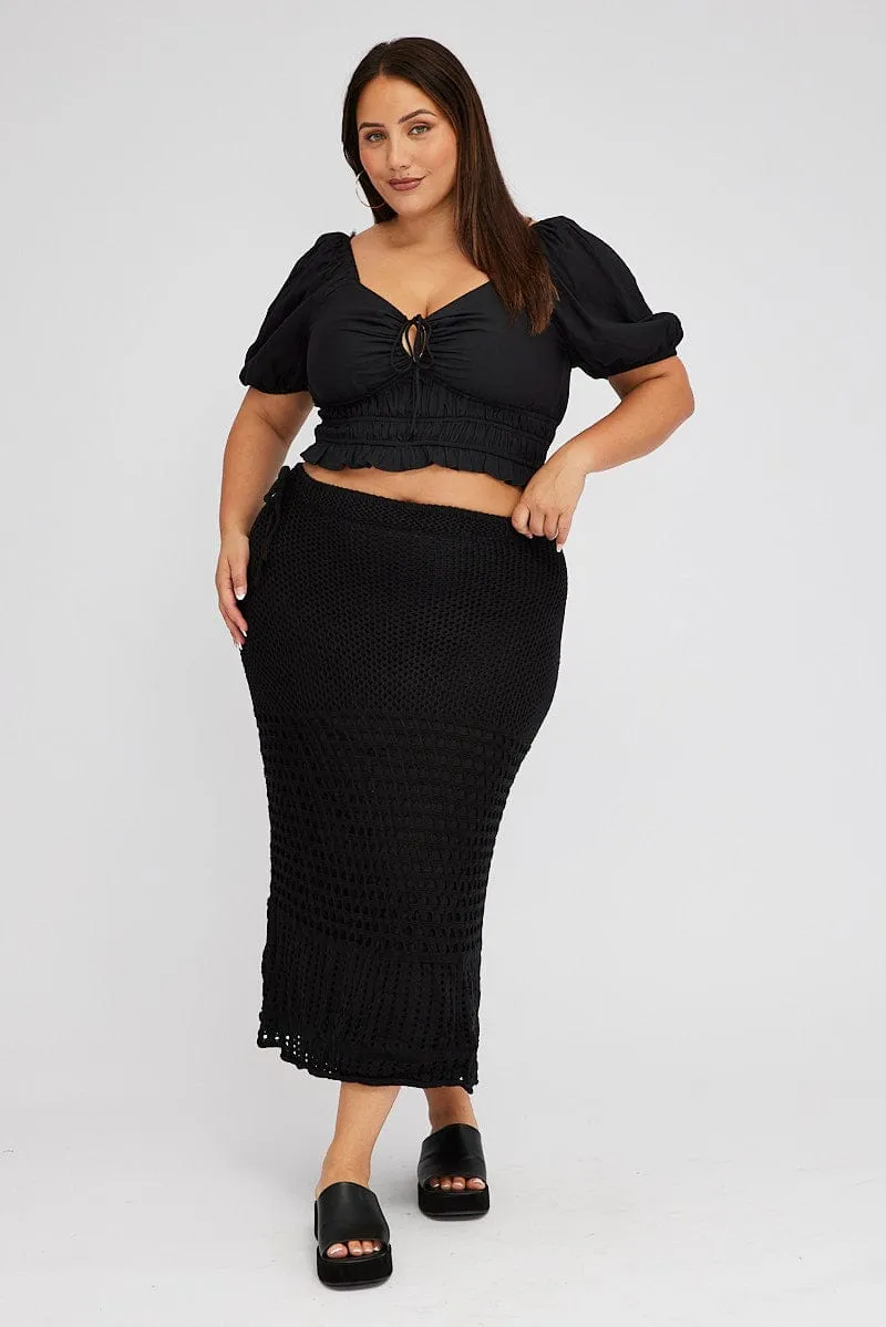 Flared hem Maternity Friendly Black Crochet Long Skirt