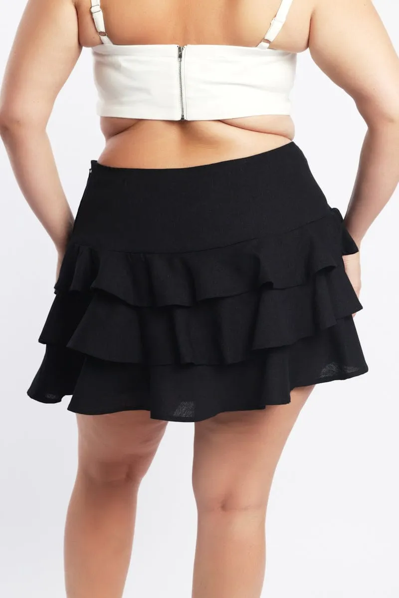 Black Ruffle Mini Skirt Double Layer Construction