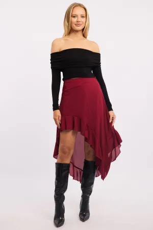 Red Frill Skirt High Waisted High Low Midi Tie Dye Style Foldable Packability