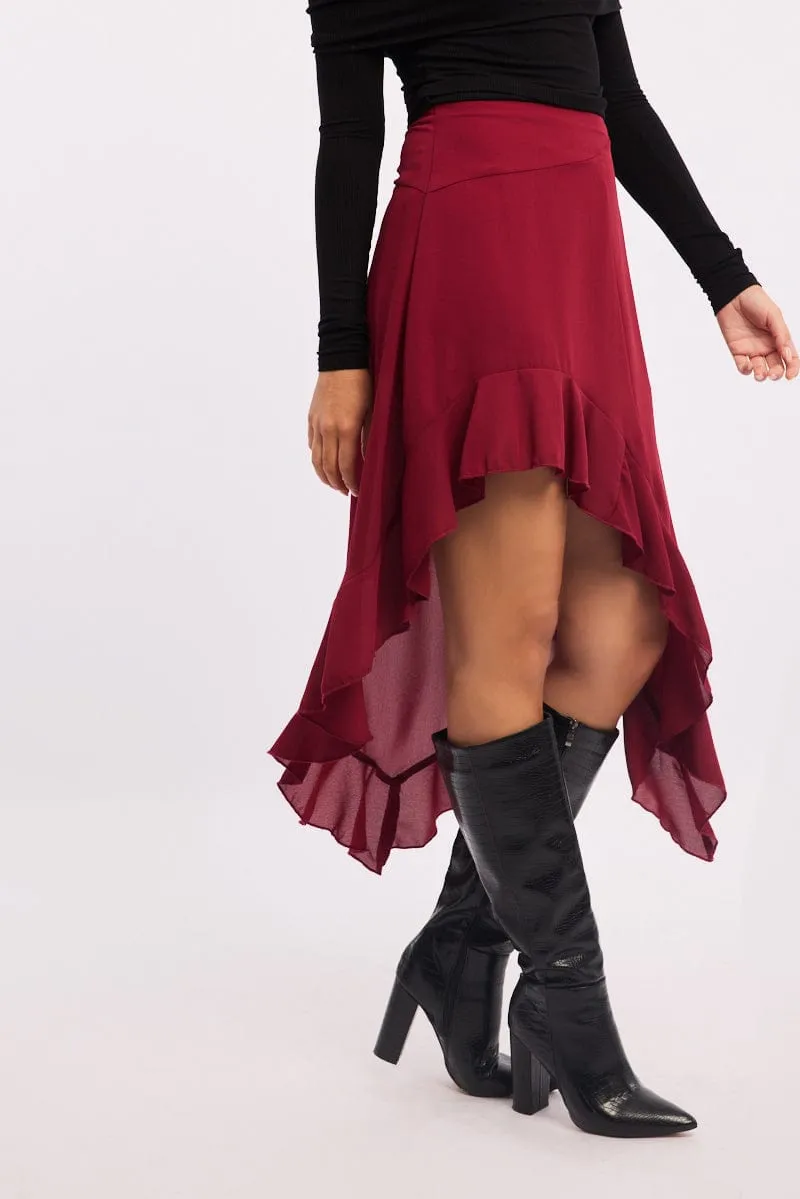 Red Frill Skirt High Waisted High Low Midi Heritage Craft