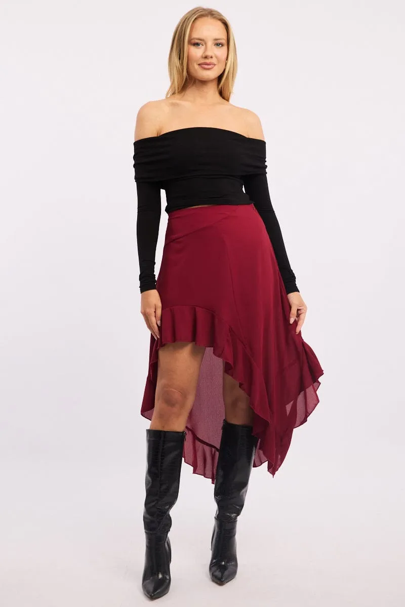 Red Frill Skirt High Waisted High Low Midi Tie Dye Style Foldable Packability