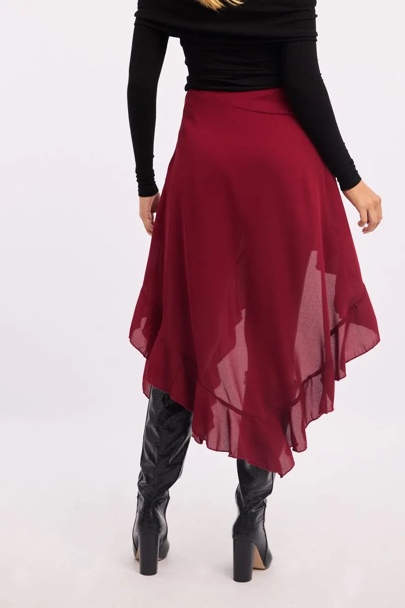 Red Frill Skirt High Waisted High Low Midi Boutique Exclusive