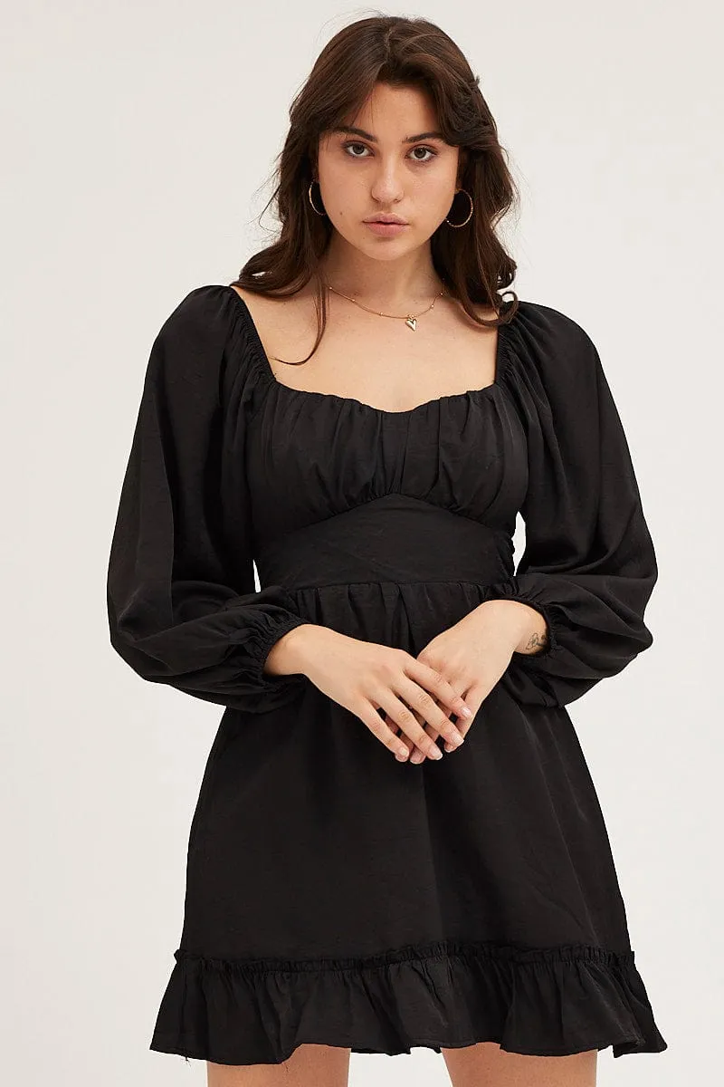 Black Long Sleeve A-Line Mini Dress Scene Pop Eco Friendly Fabric