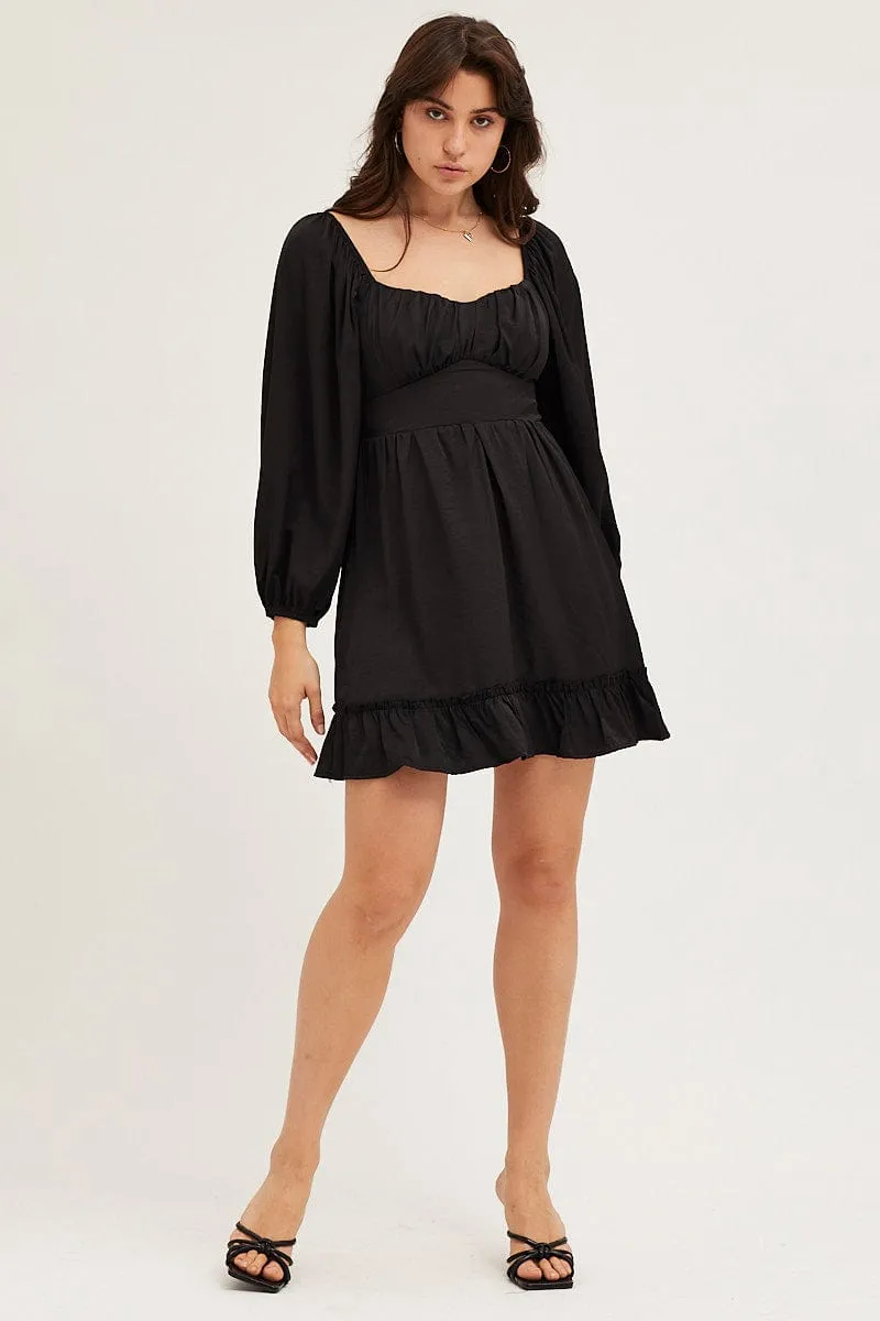 Playful youthful dress Effortless Fashion Black Long Sleeve A-Line Mini Dress