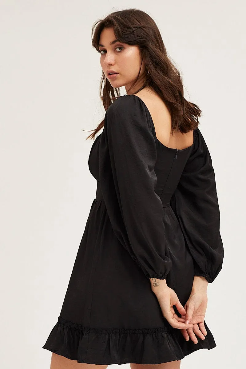 Black Long Sleeve A-Line Mini Dress Bohemian Chic Slit Thigh Modification