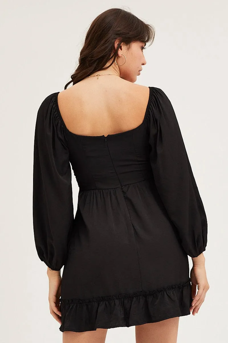 Black Long Sleeve A-Line Mini Dress Relaxed Style Seamless construction