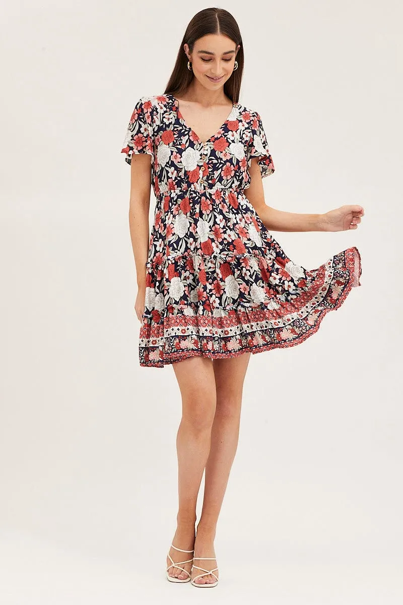 FrictionResistantFabric Boho Print Skater Dress Short Sleeve Mini V Neck