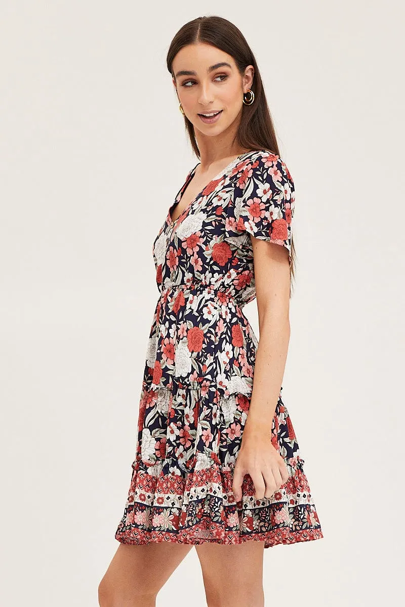 Boho Print Skater Dress Short Sleeve Mini V Neck SeamlessPockets WaterRepellentFinish