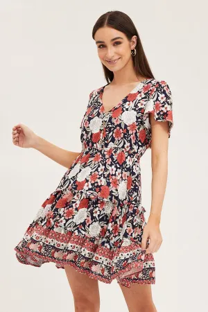 Boho Print Skater Dress Short Sleeve Mini V Neck Love Energy