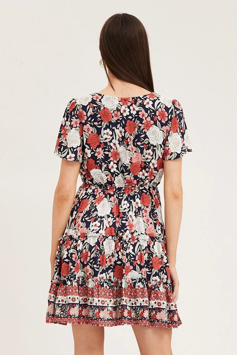 Boho Print Skater Dress Short Sleeve Mini V Neck LowProfile Design