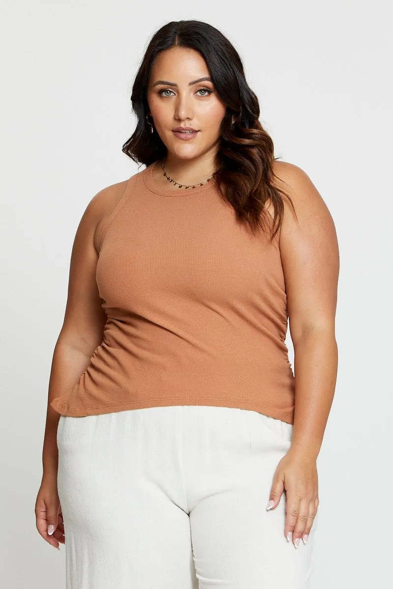 Antibacterial Finish Beige Tank Top Crew Neck Sleeveless Ruched Side