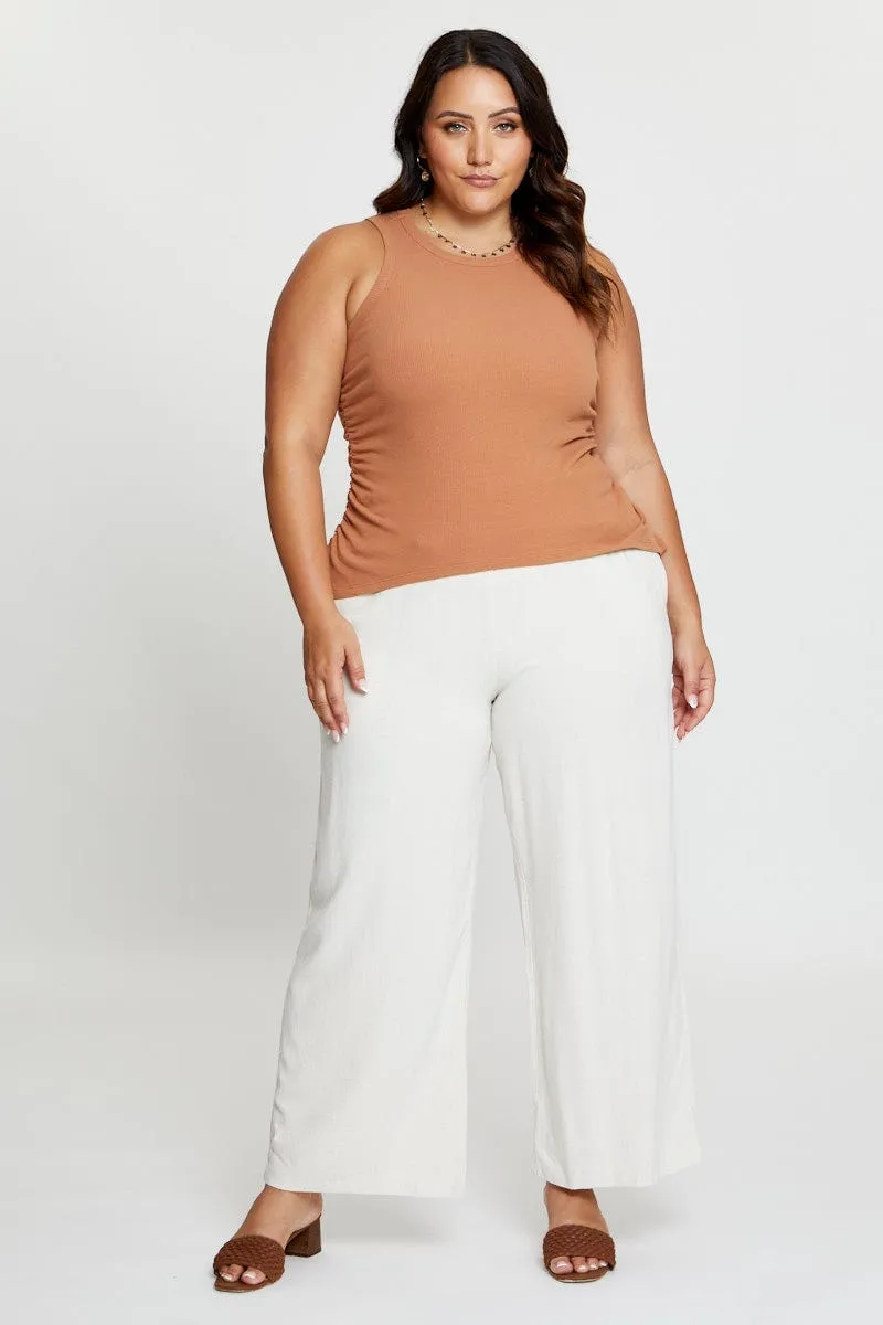 Cool Edge Creative Glow Beige Tank Top Crew Neck Sleeveless Ruched Side