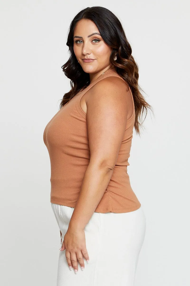 Beige Tank Top Crew Neck Sleeveless Ruched Side Tight Net