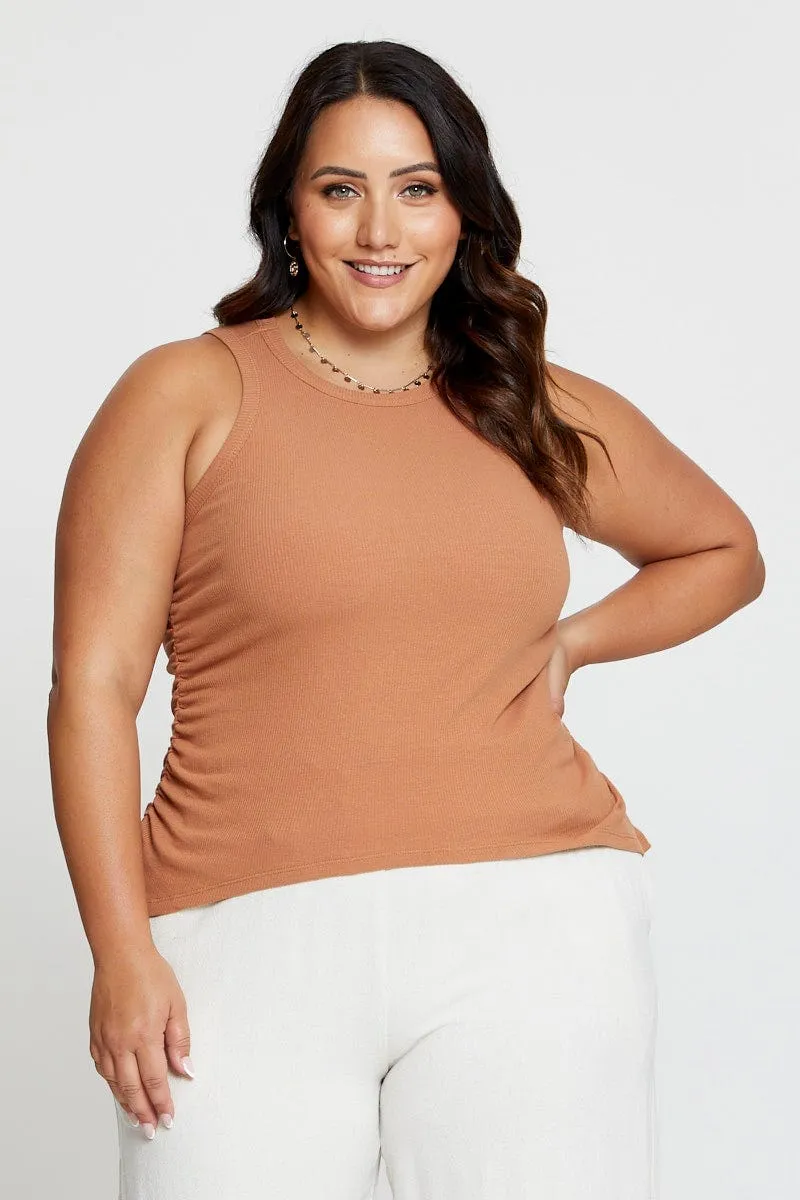 Beige Tank Top Crew Neck Sleeveless Ruched Side Work Mix