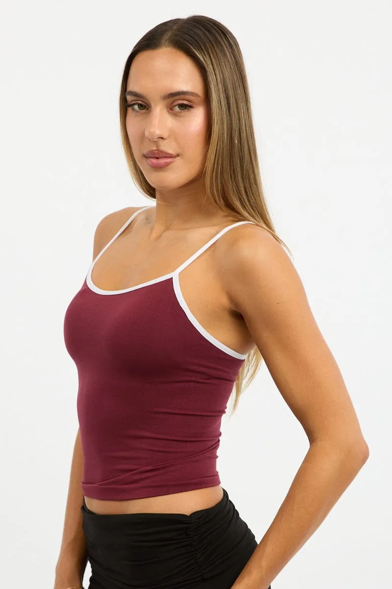 Red Singlet Top Contrast Binding Seamless Cozy Pullover