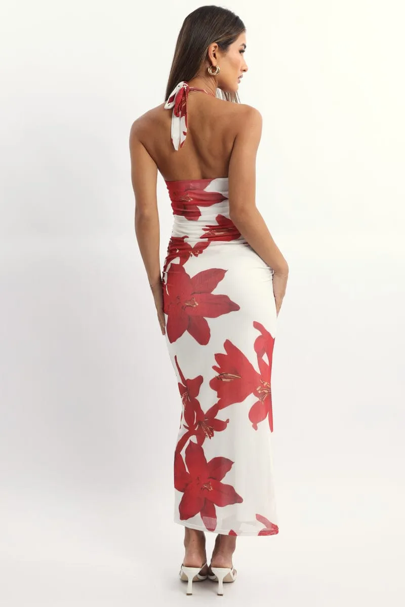 Stylish Dress Ventilated Back Panels White Floral Bodycon Dress Halter Neck