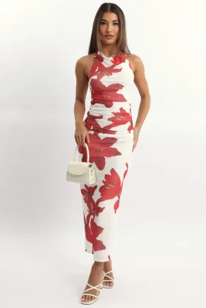 QuickDryTech White Floral Bodycon Dress Halter Neck