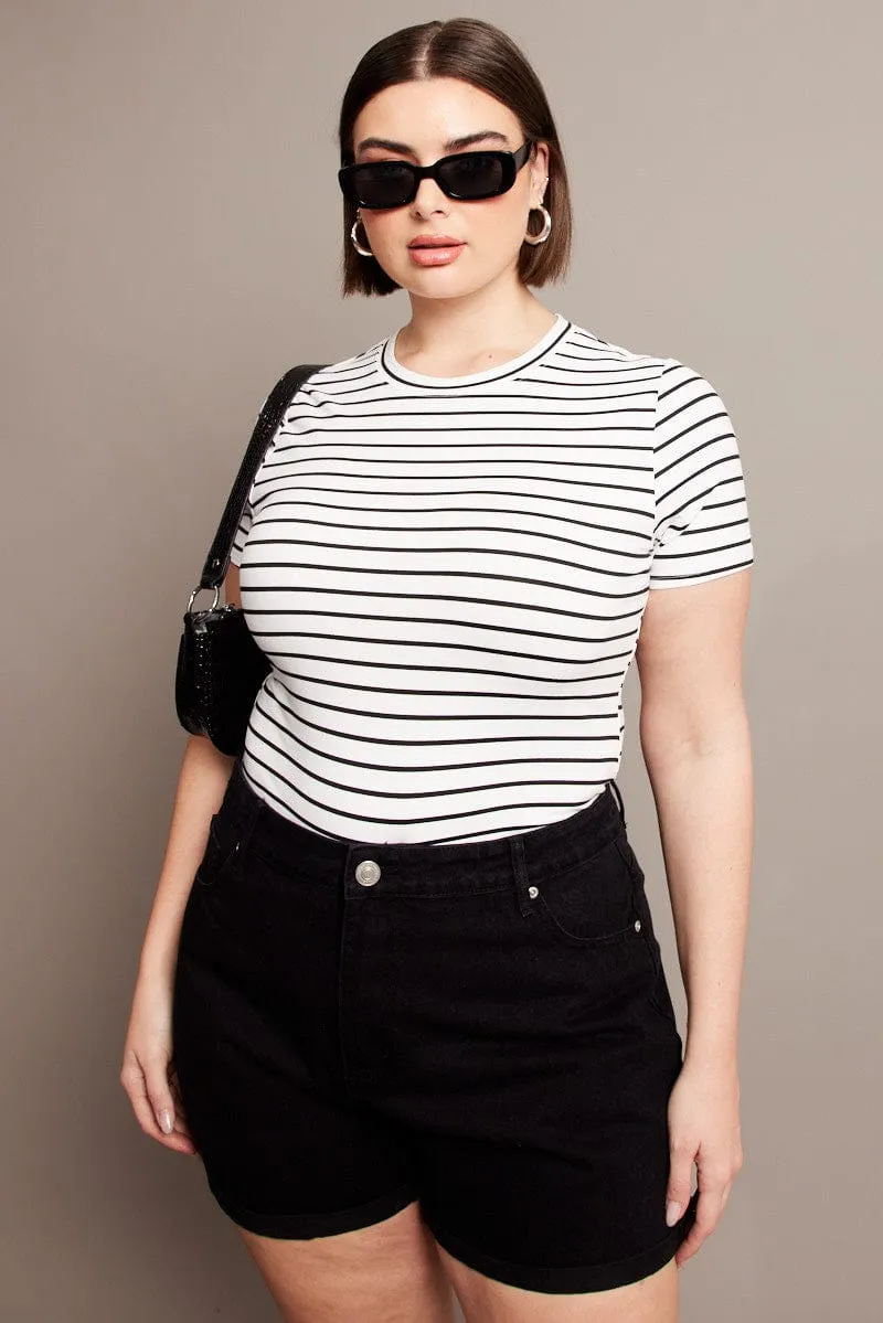 Lean Glow White Stripe Bodysuit Short Sleeve Crew Neck Supersoft
