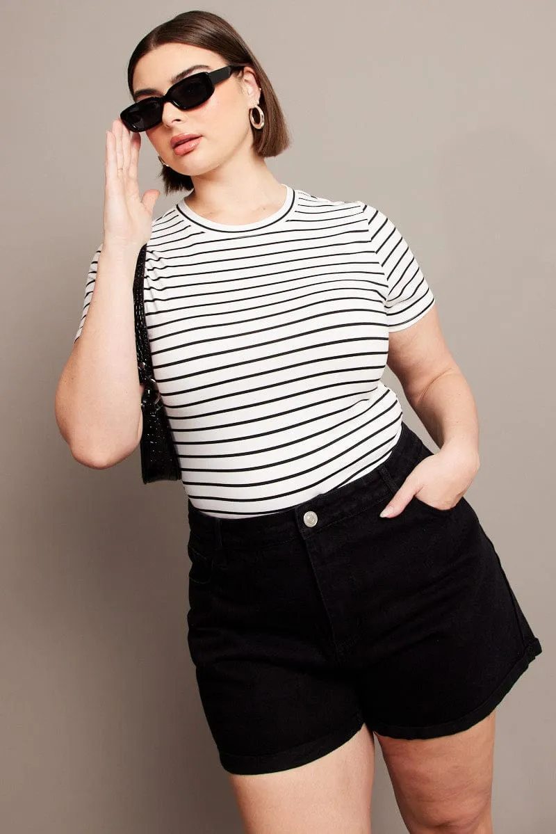 Layering Wear White Stripe Bodysuit Short Sleeve Crew Neck Supersoft