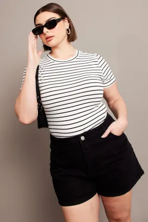 Layering Wear White Stripe Bodysuit Short Sleeve Crew Neck Supersoft