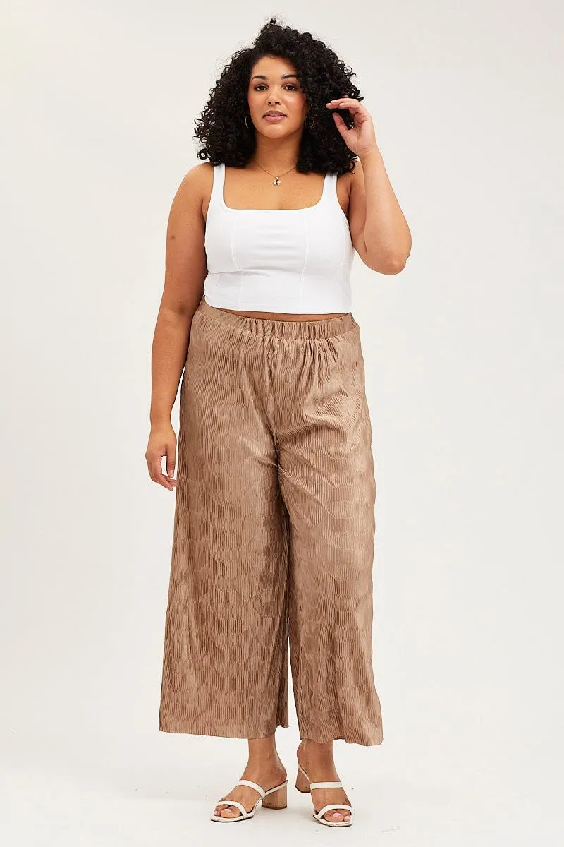 Gold Pants High Rise Plisse Elastic Waist Adaptable Fit