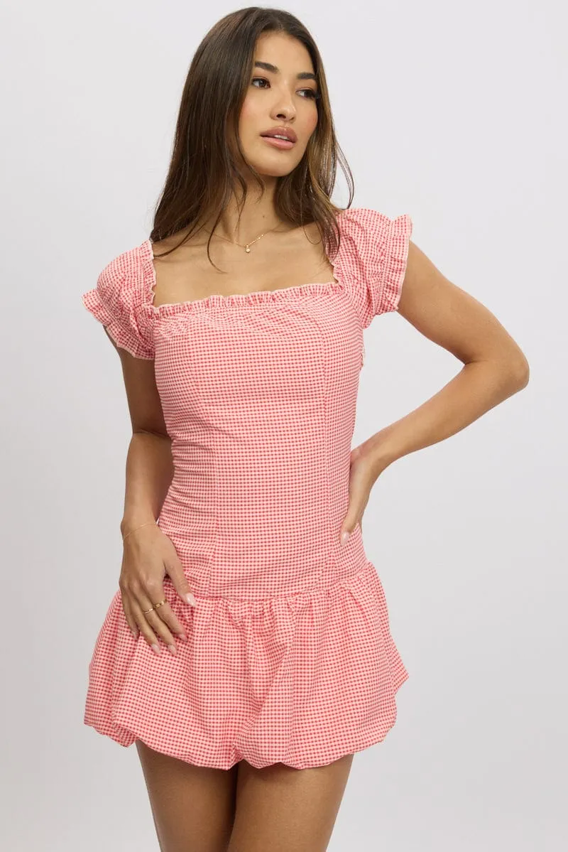 Crown Fit Red Check Bubble Dress Off The Shoulder