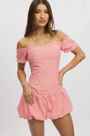 Red Check Bubble Dress Off The Shoulder Comfortable Layer StretchableMaterial