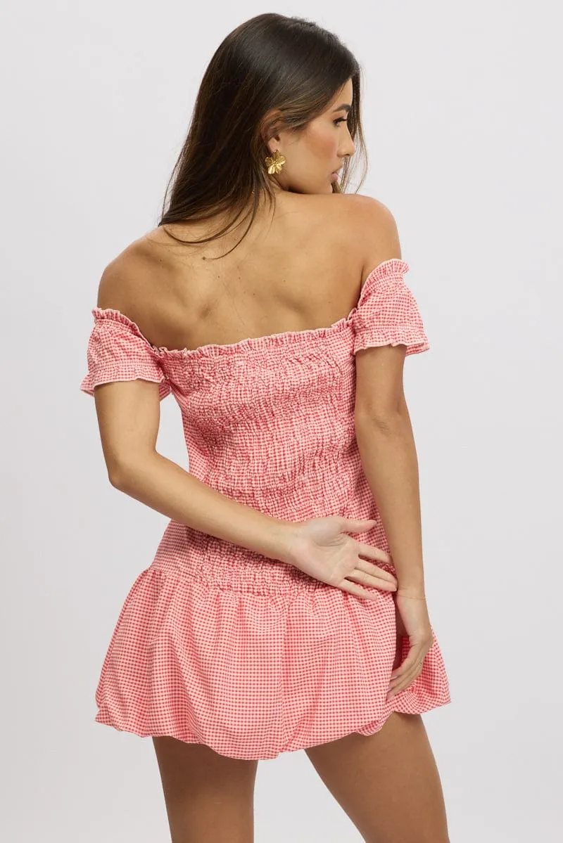 Fashionable Skirt Fearless Mode Red Check Bubble Dress Off The Shoulder