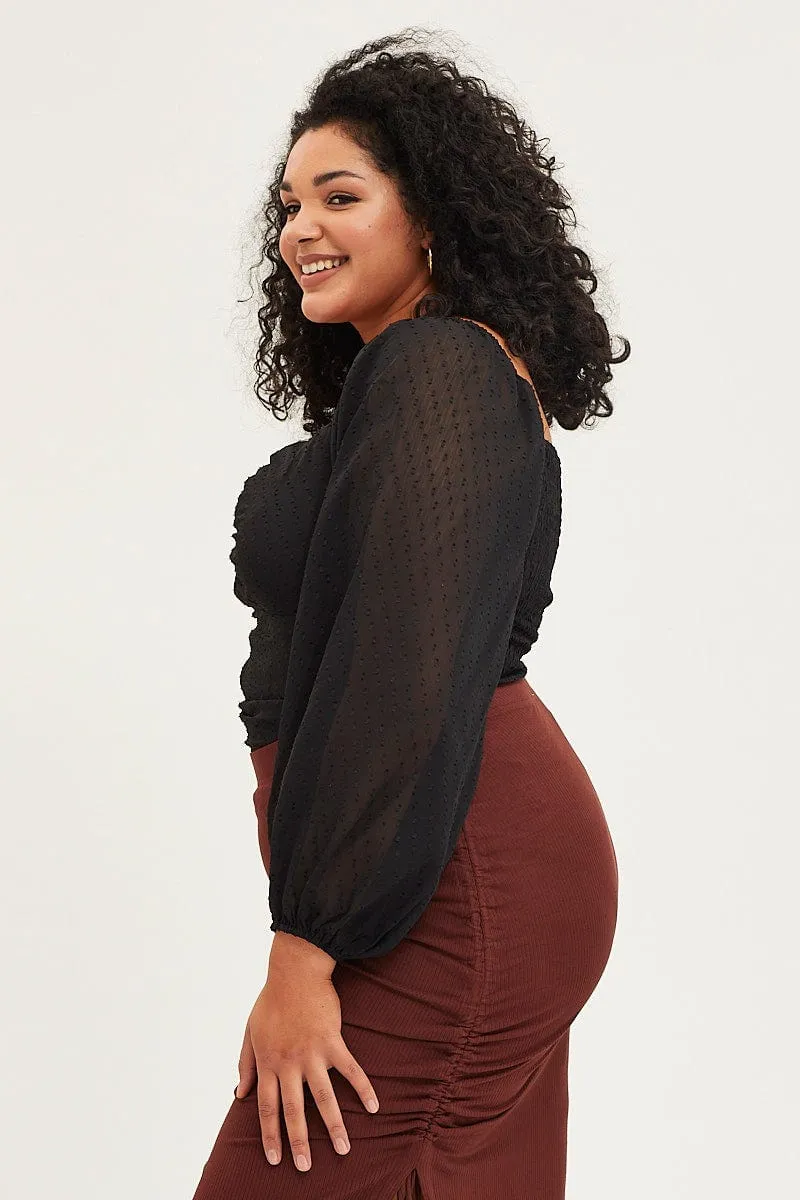 Black Ruched Bodysuit Textured Long Sleeve MoistureWicking Fabric Warm Fashion