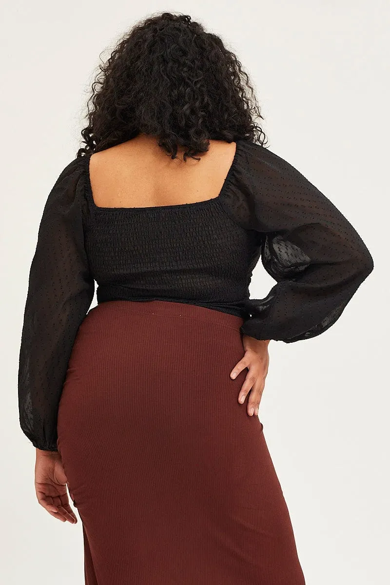 Black Ruched Bodysuit Textured Long Sleeve Picnic Fun EcoFriendly Material