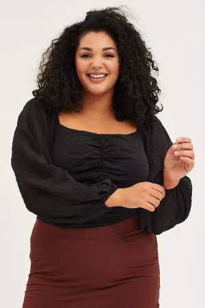 Street Look Relaxed Blouse Black Ruched Bodysuit Textured Long Sleeve