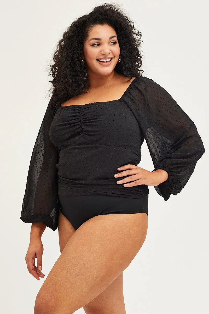 Cozy Style Black Ruched Bodysuit Textured Long Sleeve
