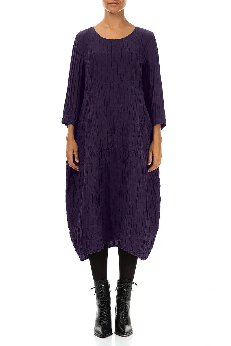 Easy Layer Placket Closure Balloon Crinkled Royal Purple Silk Linen Dress