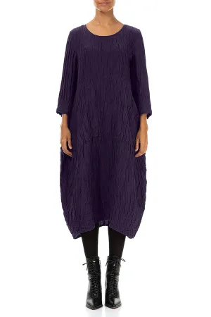 Easy Layer Placket Closure Balloon Crinkled Royal Purple Silk Linen Dress
