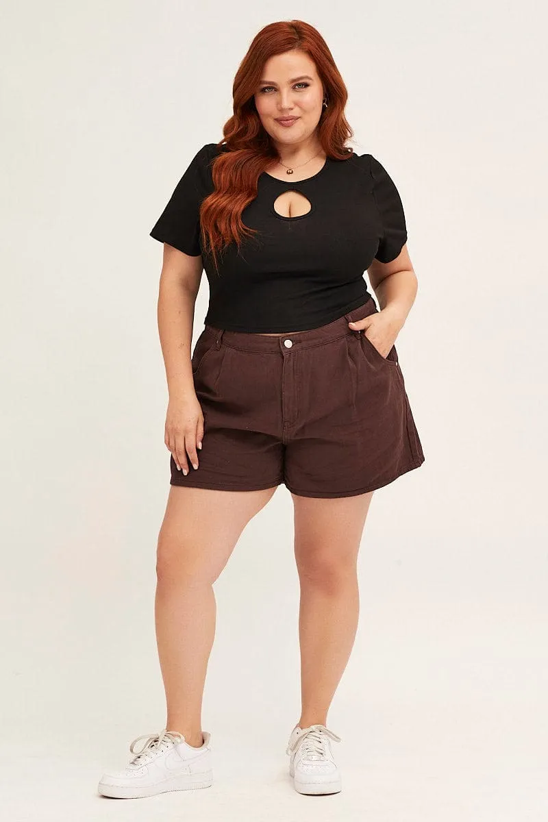 Brown Chocolate High Rise Pleats Relaxed Denim Shorts Clear Glow